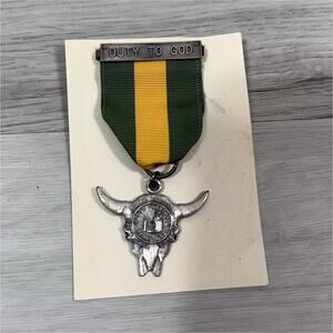 Boy Scouts Duty to God Medal Green Yellow Ribbon Bull Head Design Vintage